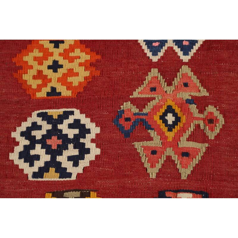 Red Kilim Qashqai Persian Vintage Rug Flatweave Geometric Wool Carpet - 5'4"x 7'7"