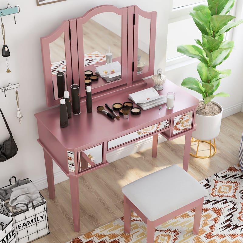 Furniture of America Doa Glam Solid Wood 3-Piece Makeup Vanity Set with Tri-fold Mirror