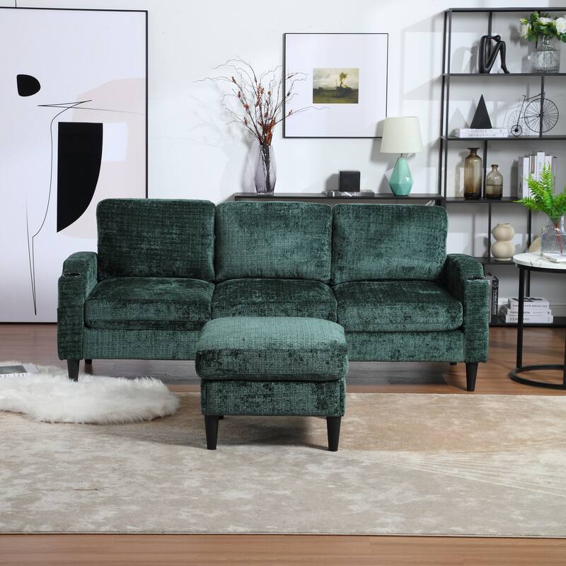 Modular Sectional Sofa with Storage Ottoman, Comfy Chenille Fabric Sofa, 3-Seater Sofa with Side Pockets & 2 Cup Holders