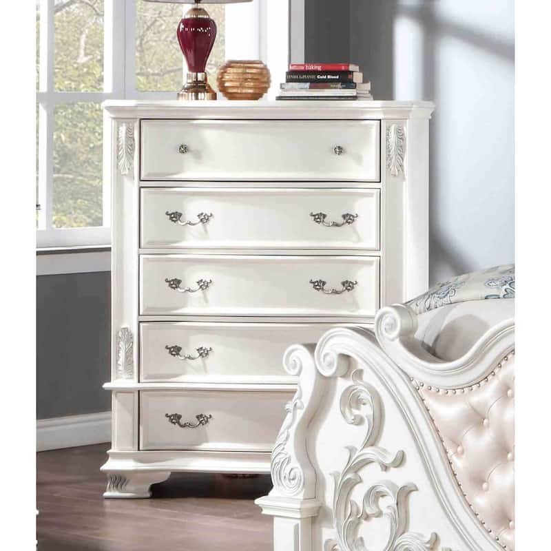 Pearl White Finish Traditional Bedroom Set Bed Nightstand Dresser Mirror Chest