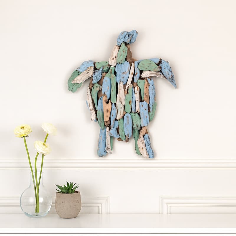 Wooden Decorative Turtle Figurine Sculpture - 15", Blue & Green - 15.0"