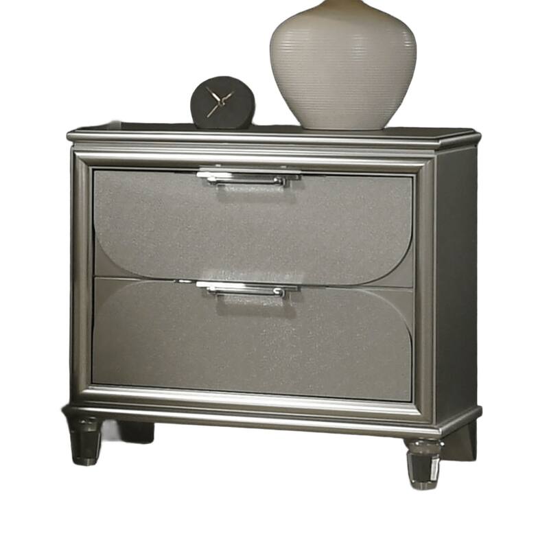 Contemporary Silver 1pc Nightstand Acrylic Handles Embossed Panels English Dovetails 2-Drawers Bedside Table