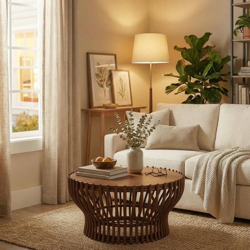 NPD Furniture Sona Modern Bohemian Rattan Coffee Table with Wood Top