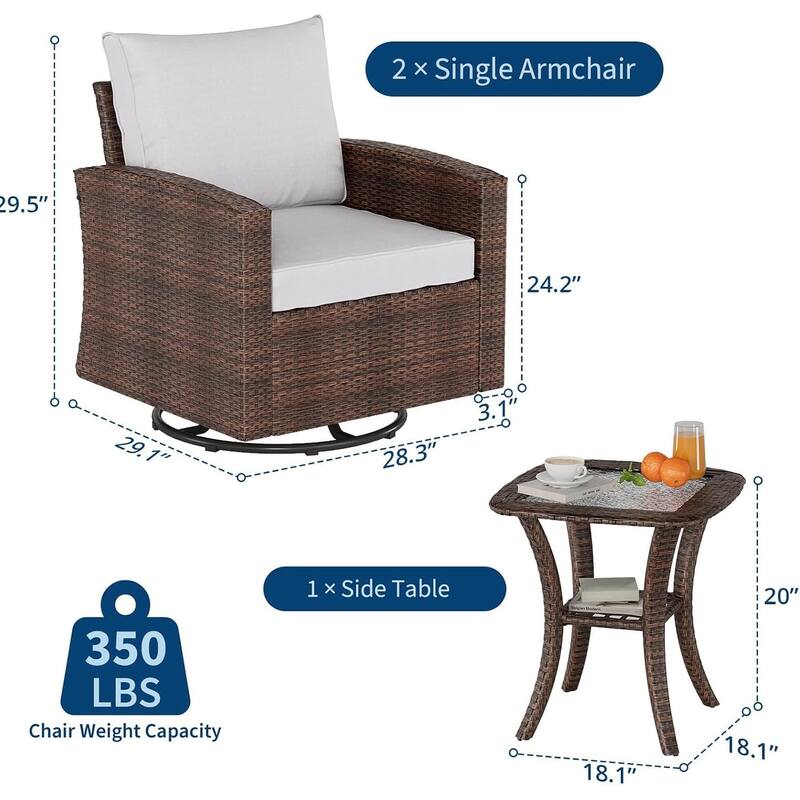 3 Piece Patio Rocking Bistro Set with Side Table & Comfortable Cushions