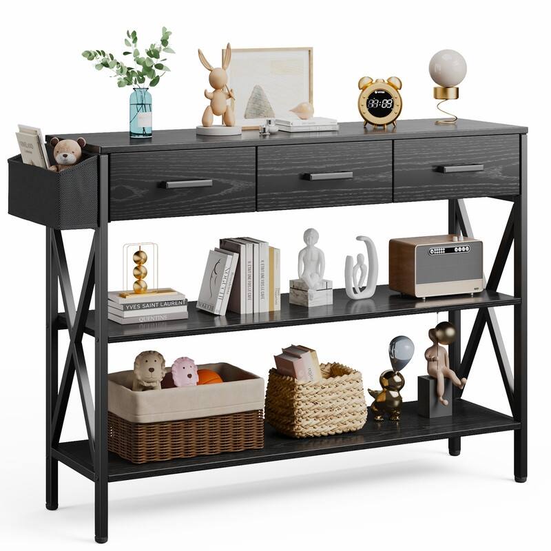 47" Console Table with 3 Tier Storage Shelves, Industrial Entryway Table with 3 Drawers