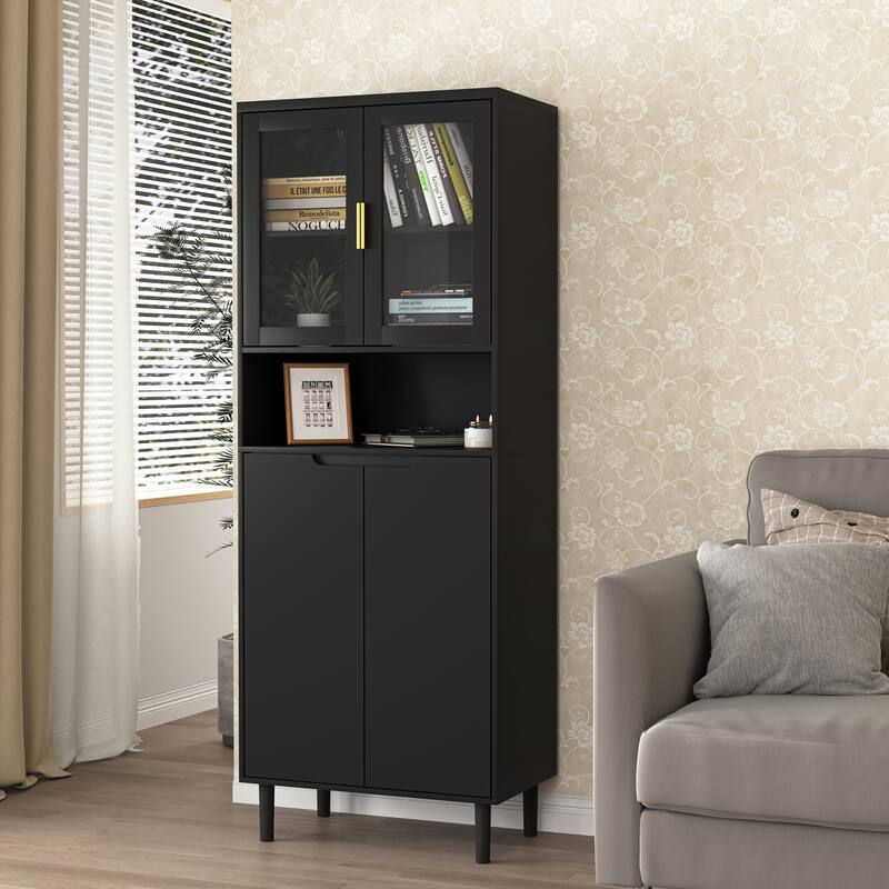 Tall Storage Show Cabinet with 2 Glass Display Door & 2 Doors, Modern Cabinet Freestanding for Bathroom, Dining Living Room - Black