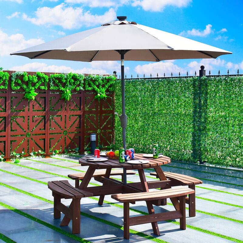 Costway Patio 8 Seat Wood PicnicTable Beer Dining Seat Bench Set Pub