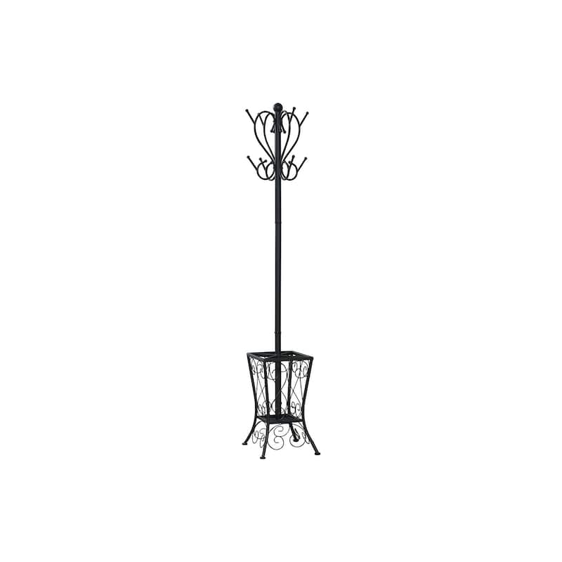 Coat Rack, Hall Tree, Free Standing, 8 Hooks, Entryway, 71"h, Umbrella Holder, Bedroom, Black Metal, Transitional - Black