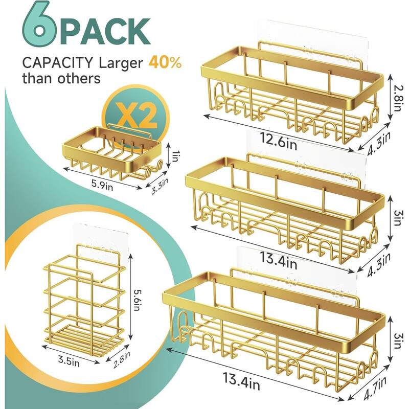 6-Pack Stainless Steel Shower Shelves, Large-Capacity Bathroom Organization and Storage.