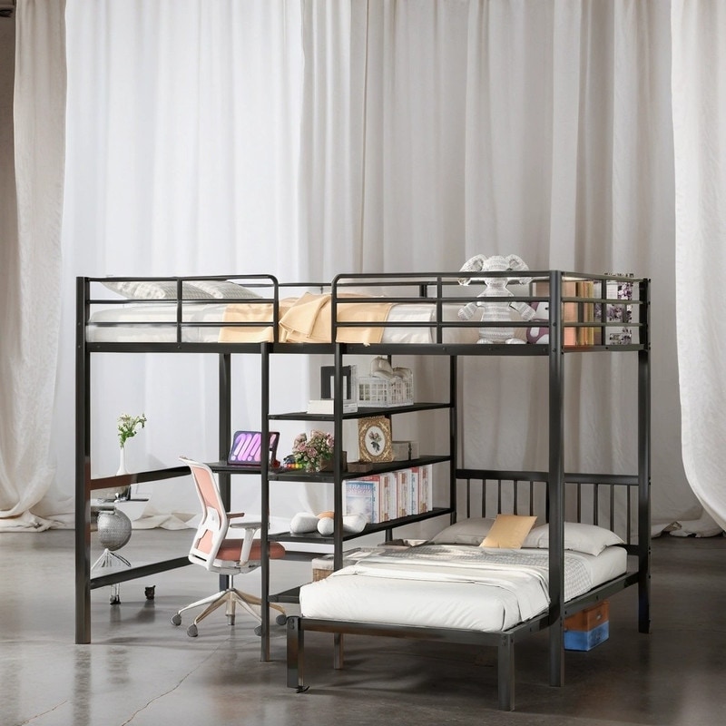 Full Over Twin Size Bunk Bed with Built in Desk Metal Teen Loft Bed Frame with Shelves and Ladder for Bedroom Black Bed Bath Beyond 40104874