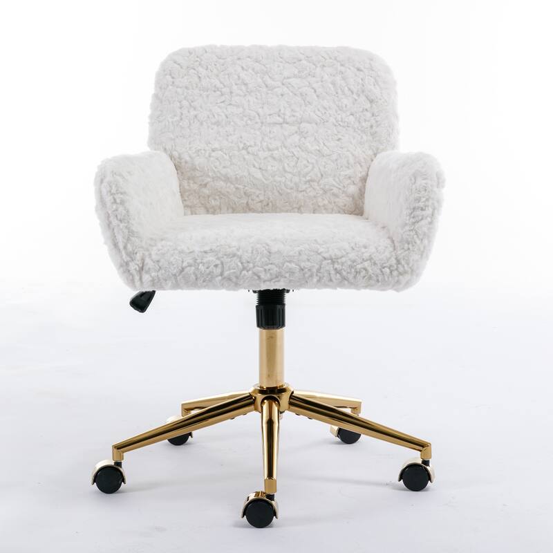 Roomfitters Faux Fur Office Chair, Adjustable Swivel Desk Chair with Gold Metal Base, Modern Vanity Accent Chair