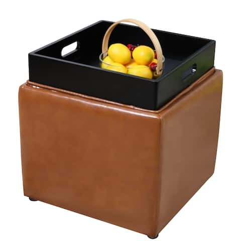 Square Storage Ottoman with Tray Footrest Stool Seat Side Coffee Table