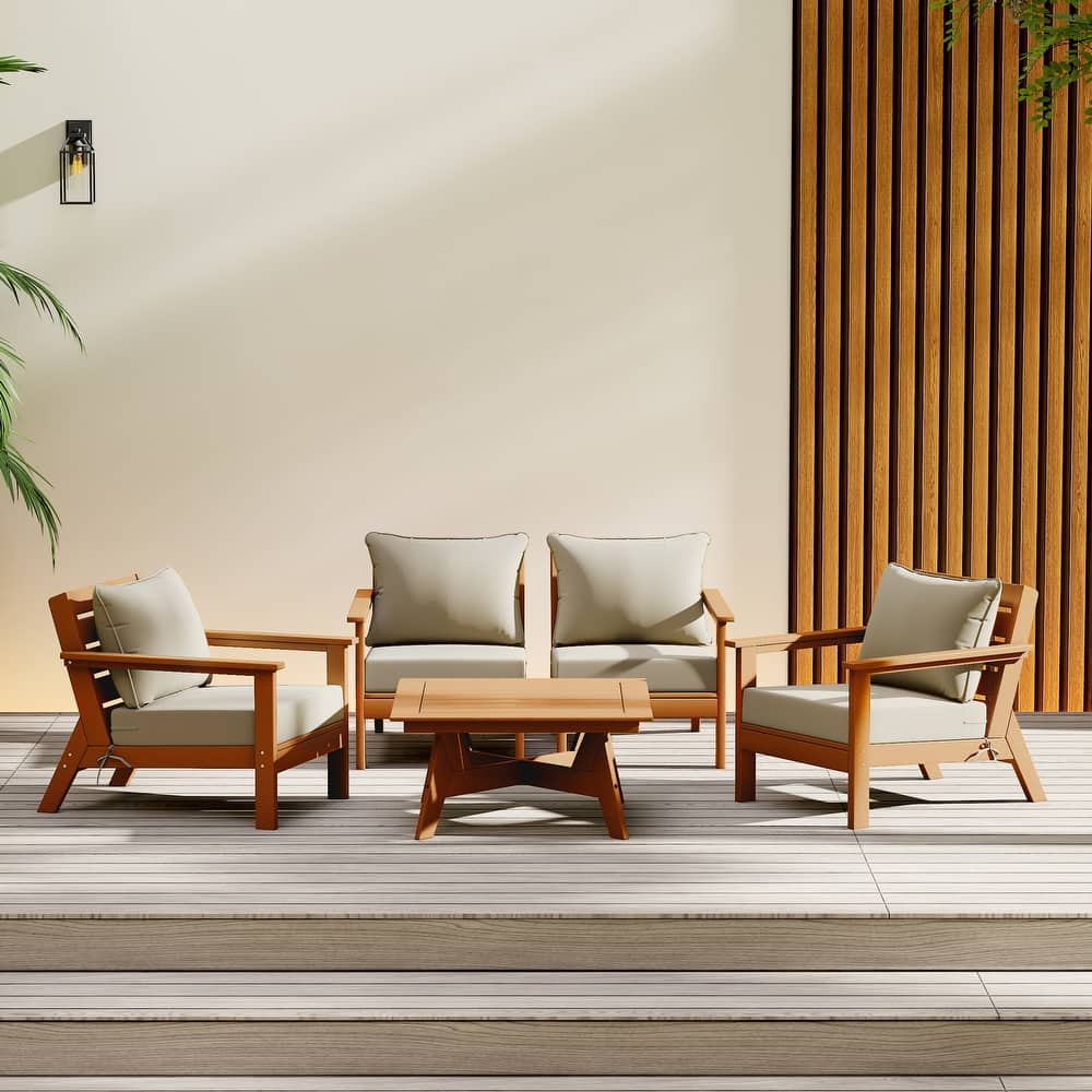 Birchwood All Weather HDPE Outdoor Patio Teak Deep Seating Conversation Set (5-Piece Set)