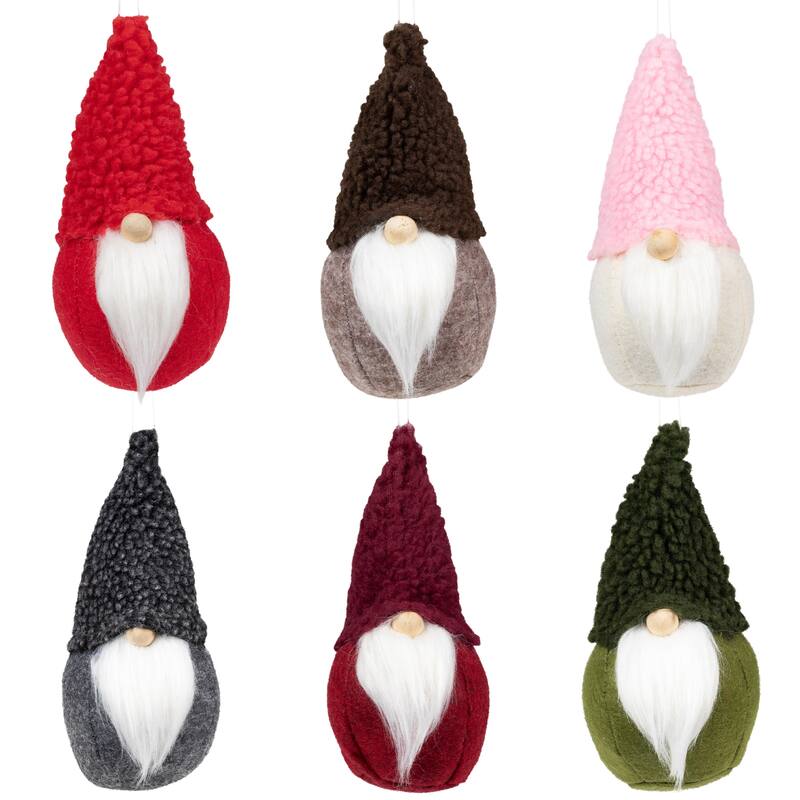 Plush Gnome Hanging Christmas Ornaments - 6.75" - Multi-Color - Set of 6