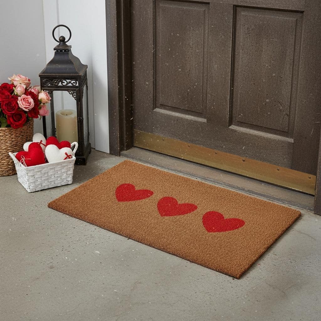 HomeRoots 17" X 29" Brown And Red Three Hearts Outdoor Coir Door Mat - 17.00' X '29.00