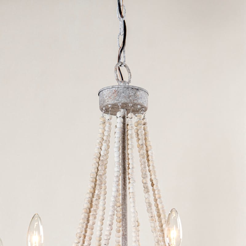 23.6" Farmhouse 6-Light Wood Bead Hemp Ropes Candle Chandelier - 23.6" L x 23.6" W x 22.7" H