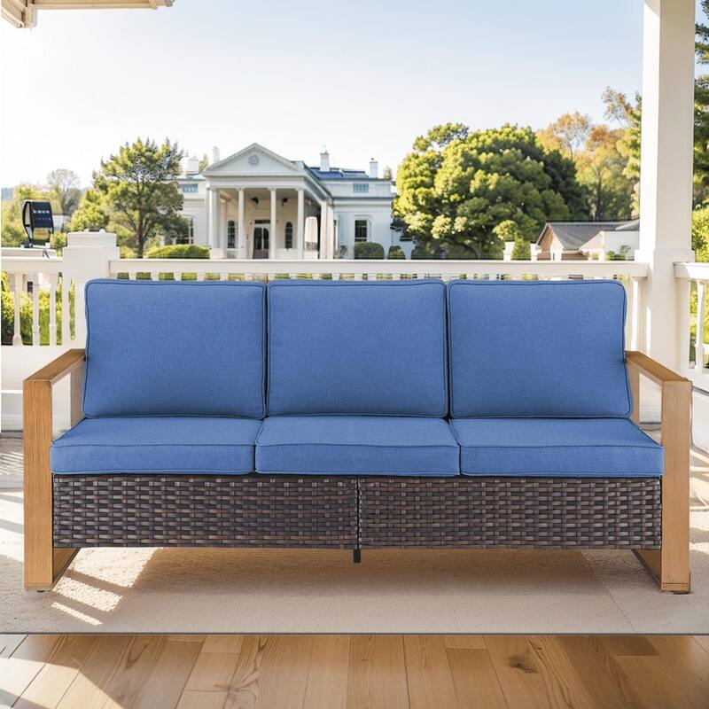 High Back Outdoor Furniture with Thick Cushion - Brwon Wicker Blue Cushion - 1PC 3-Seat Sofa
