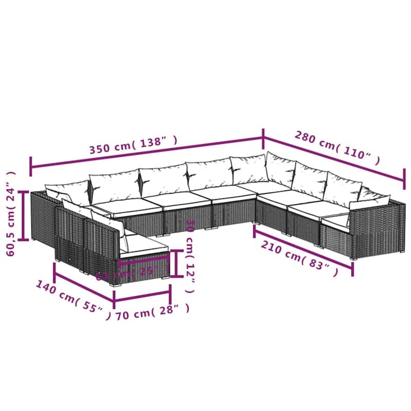 vidaXL Patio Lounge Set with Cushions Brown Poly Rattan - 27.6" x 27.6" x 24" - 27.6" x 27.6" x 24"