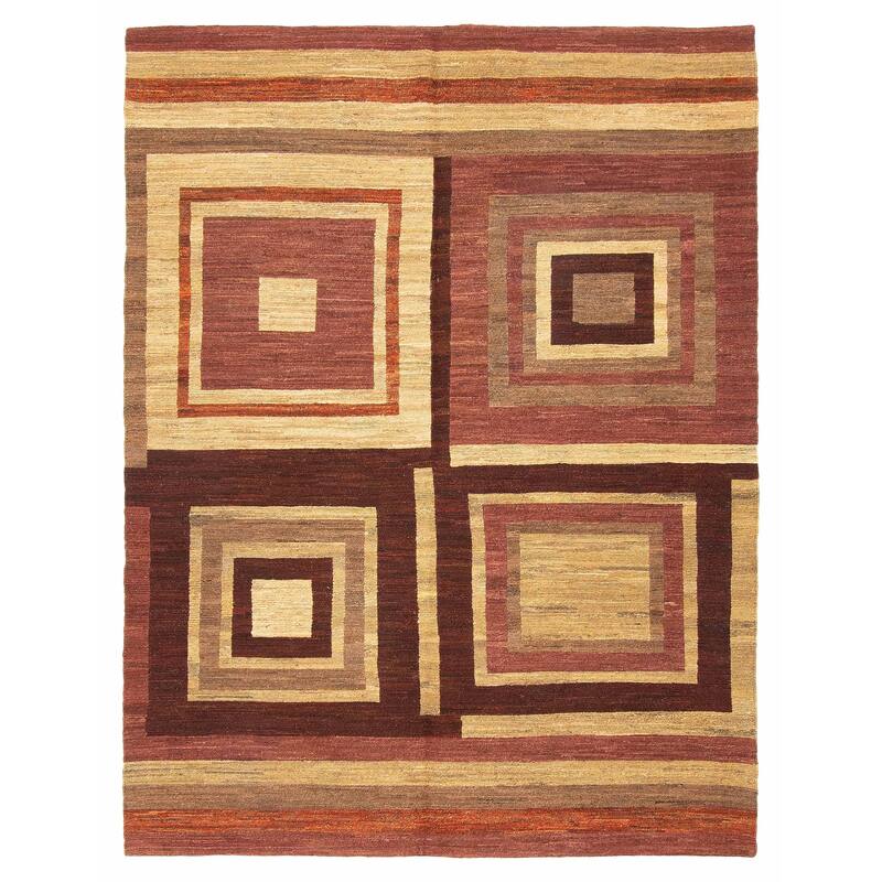 ECARPETGALLERY Flat-Weave Natural Burgundy Wool Tapestry Kilim - 5'5 x 6'11 - Dark Burgundy - 5'5 x 6'11