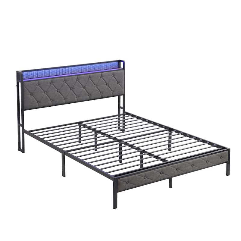 Full Bed Frame with Storage Headboard, Charging Station and LED Lights