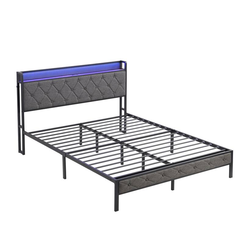 Queen Bed Frame with Storage, Charging Station and LED Lights