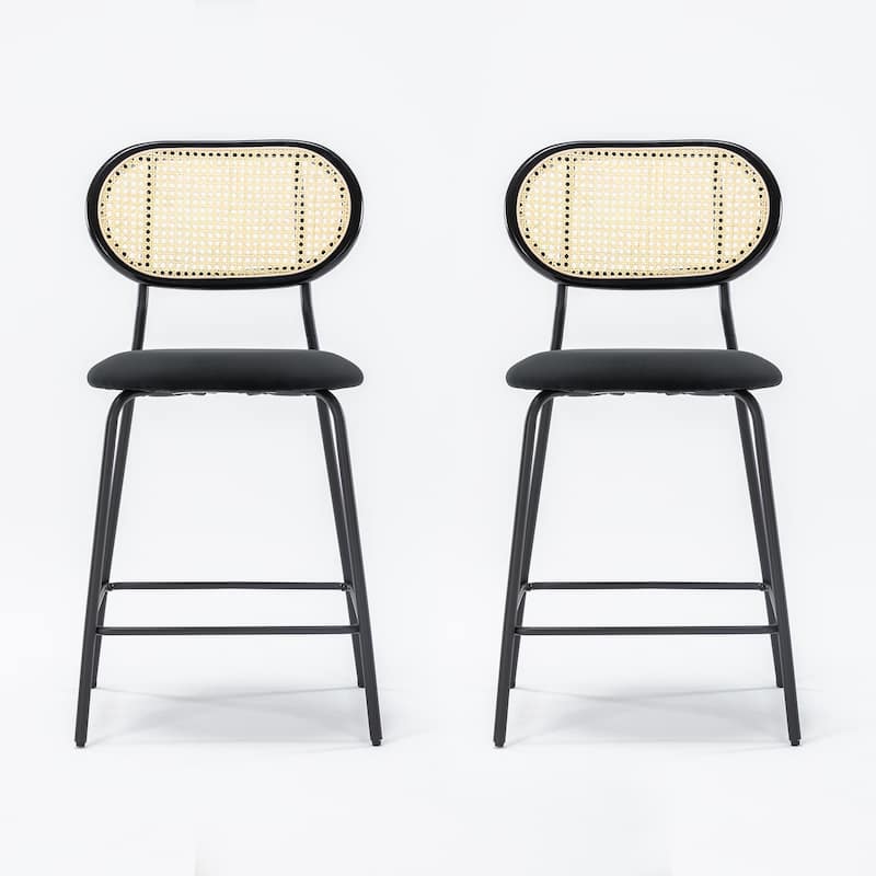 24 in. Rattan Counter Height Bar Stools with Faux Leather Seat (set of 2)
