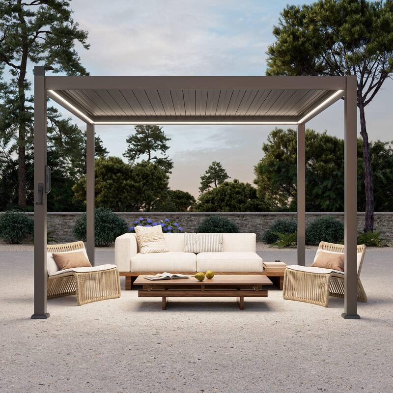 Outdoor Metal Louvered Pergola with LED Strip Lights - 10' x 10' - Brown