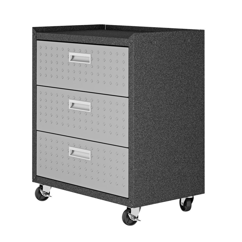 Fortress Textured Metal 31.5" Garage Mobile Chest with 3 Full Extension Drawers in Grey