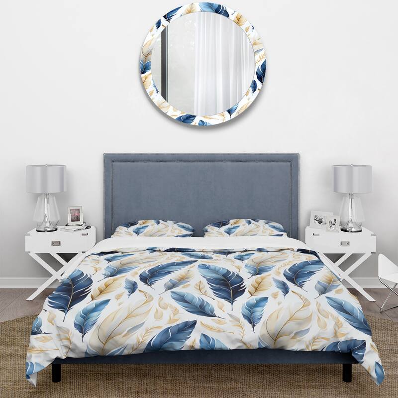 Designart "Sapphire Blue Dove Feathers I" Blue Floral Bedding Cover Set With 2 Shams