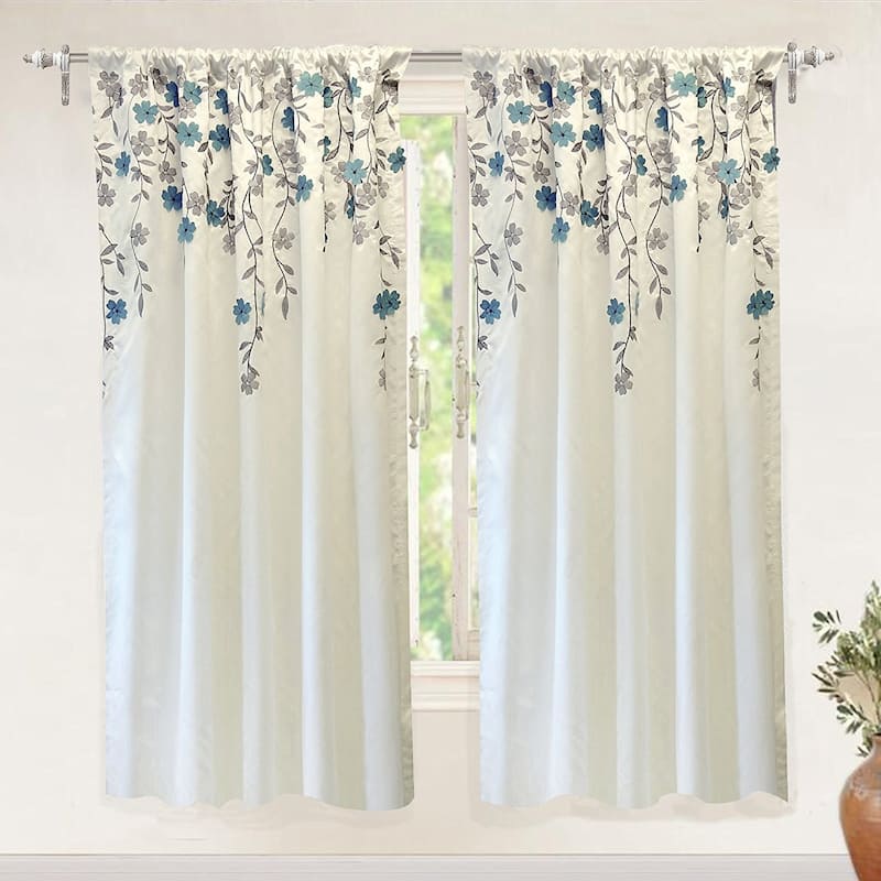 Porch & Den Oneida Floral Embroidered Faux Silk Window Curtain Panel - 50"Wx63"L-Single - ivory/ blue