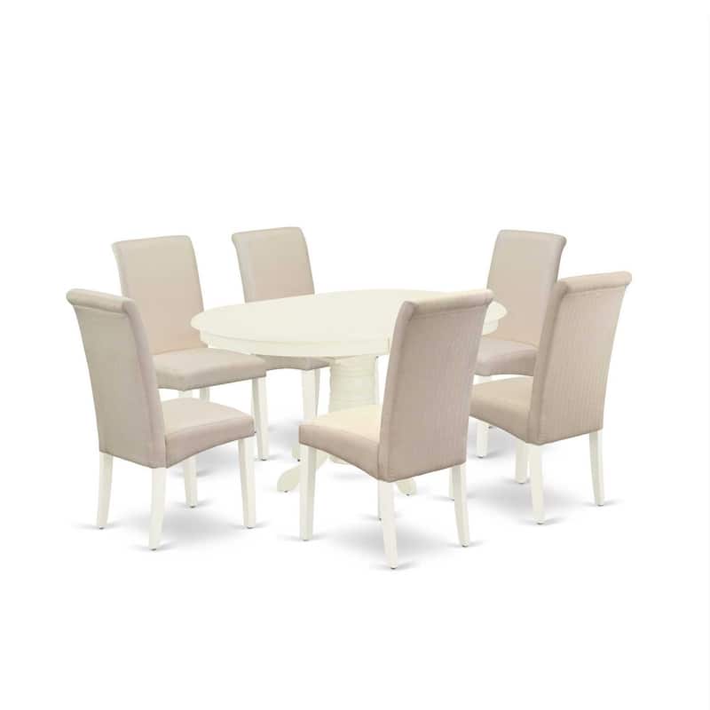 HomeStock 7-Piece Oval Linen White Finish Solid Wood Top Dining Table with 6 Parson-Chairs with Butterfly Leaf Lattice Back