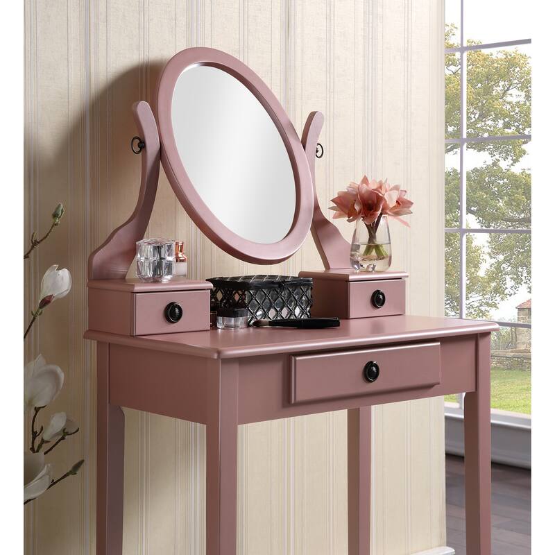 Bedroom Makeup Vanity Desk and Stool Set, Vanity Set Includes Dressing Table, Swivel Adjustable Oval Mirror and Stool