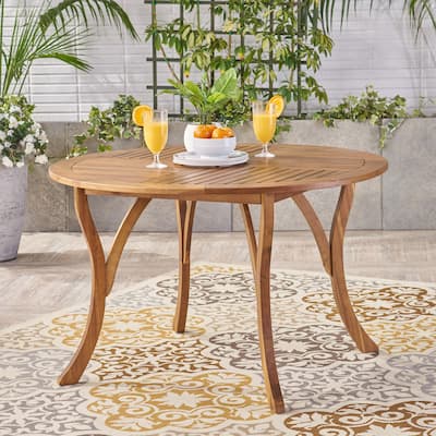 Roomfitters Round Outdoor Dining Table with Slatted Acacia Wood Top and Curved Legs, Patio Garden Table for 4, Teak