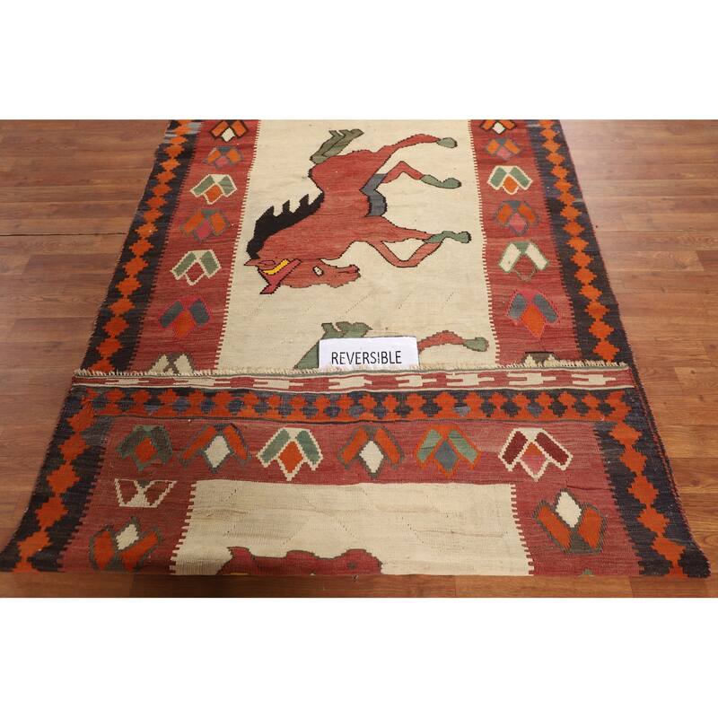 Kilim Qashqai Persian Vintage Area Rug Hand-Woven Beige Wool Carpet - 4'8"x 8'1"