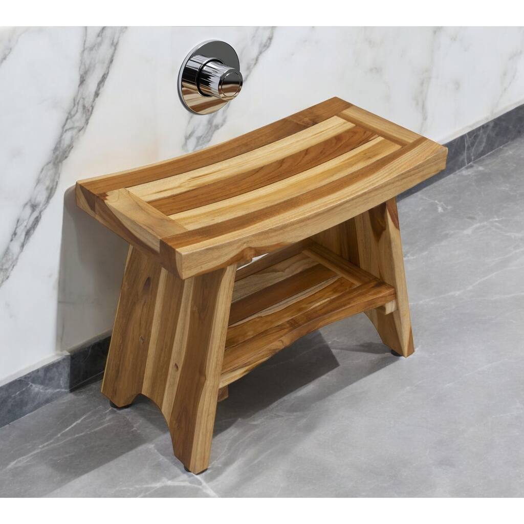 HomeRoots 24" Natural Teak Rectangular Shower Bench With Shelf