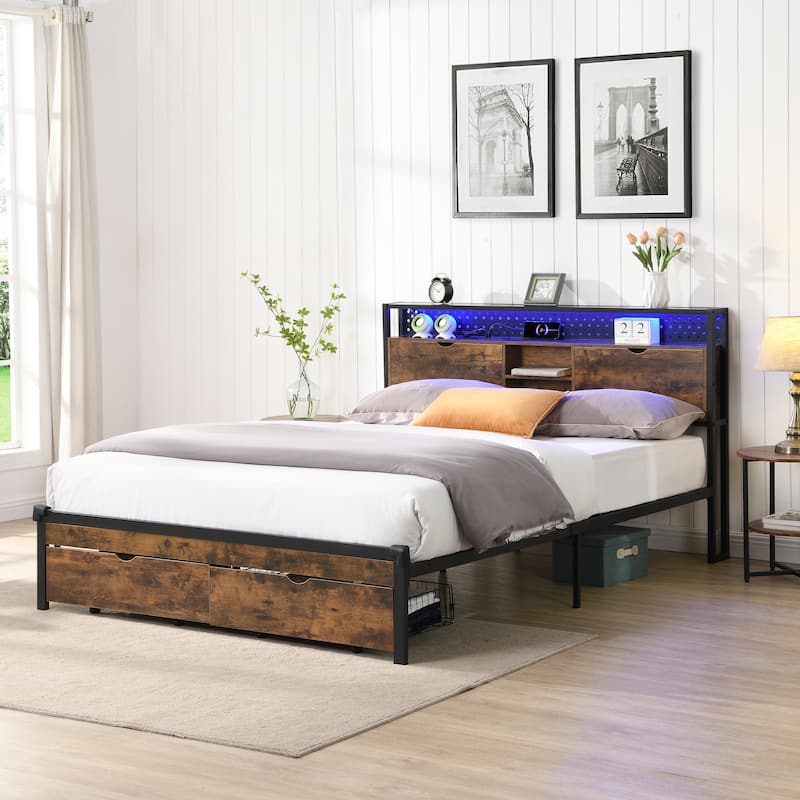 Full Size Modern Metal Platform Bed with Wooden Headboard,2 Drawers and LED Lights