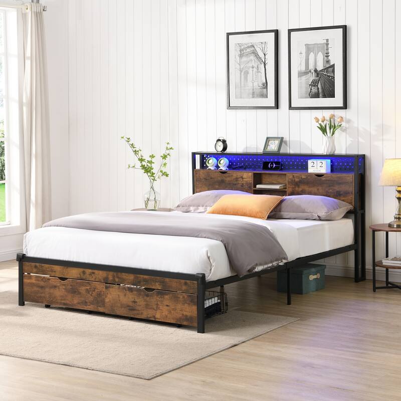 Full Size Platform Bed Frame with Wooden Headboard and with Footboard USB, Charging Station, 2 Drawers storage, LED Lights