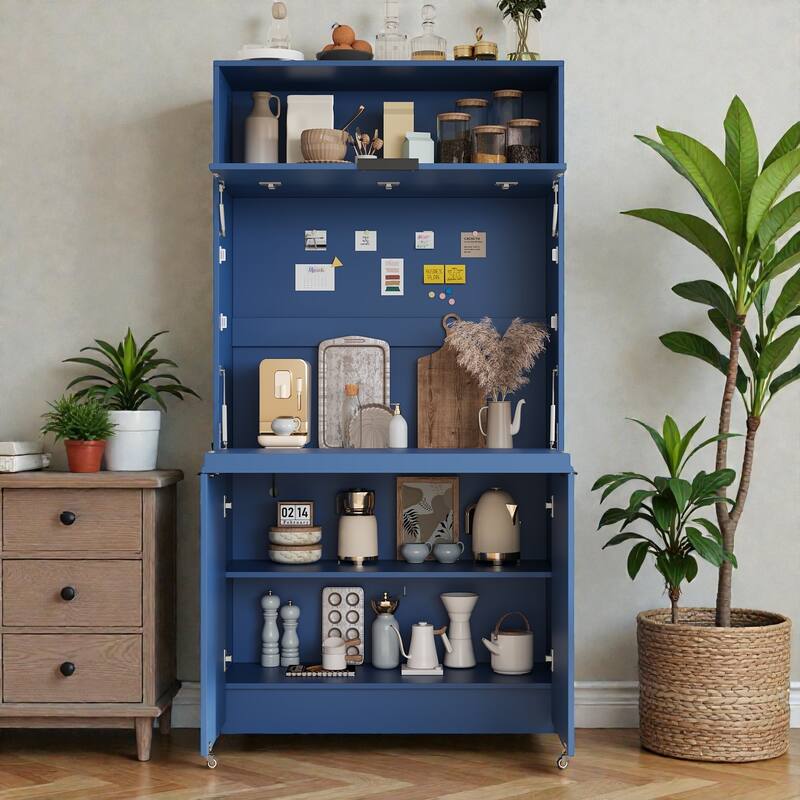 Compact Kitchen Pantry Cabinet with Hutch, Foldable Workstation, Power Outlet, 69 Inch Buffet Storage