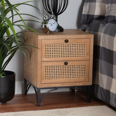 Baxton Studio Weslan Mid-Century Modern Industrial Natural Brown Finished Wood and Black Metal 2-Drawer End Table
