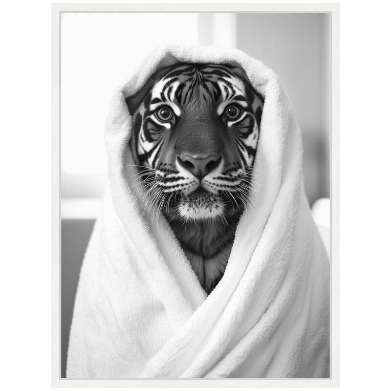 Kate and Laurel Sylvie Tiger Bathroom Art Towel Robe Black and White Framed Canvas by The Creative Bunch Studio