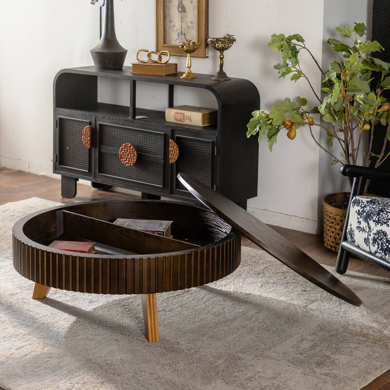 39.37" Retro Round Coffee Table with Storage Space, Suitable for Living Room and Office