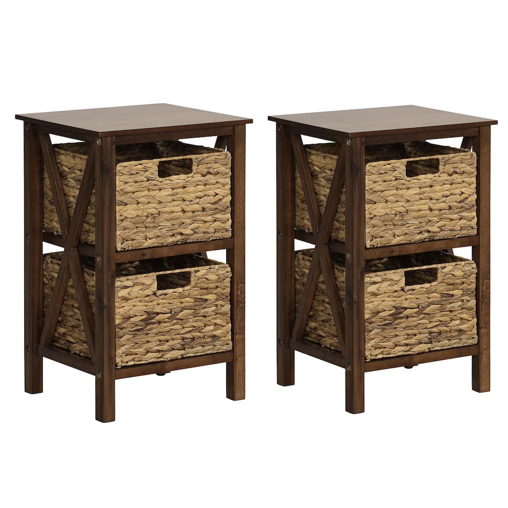 Costway 1/2 PCS 2-Tier Nightstand with 2 Seagrass Baskets Rubber Wood