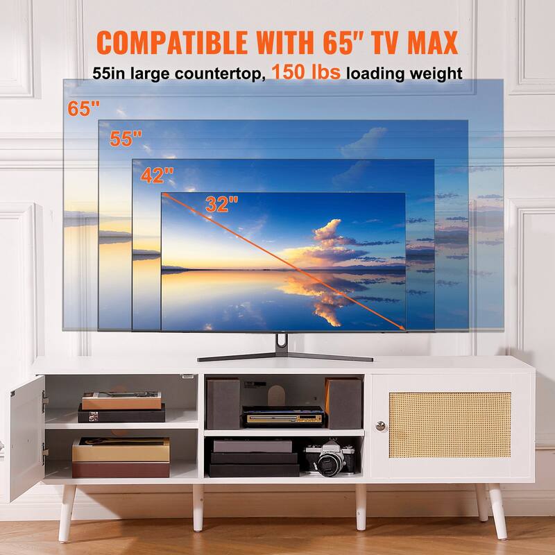 Modern Rattan TV Console for 65 Inch TV with Built-in Power Outlet - 55.1 x 15.8 x 19.7in