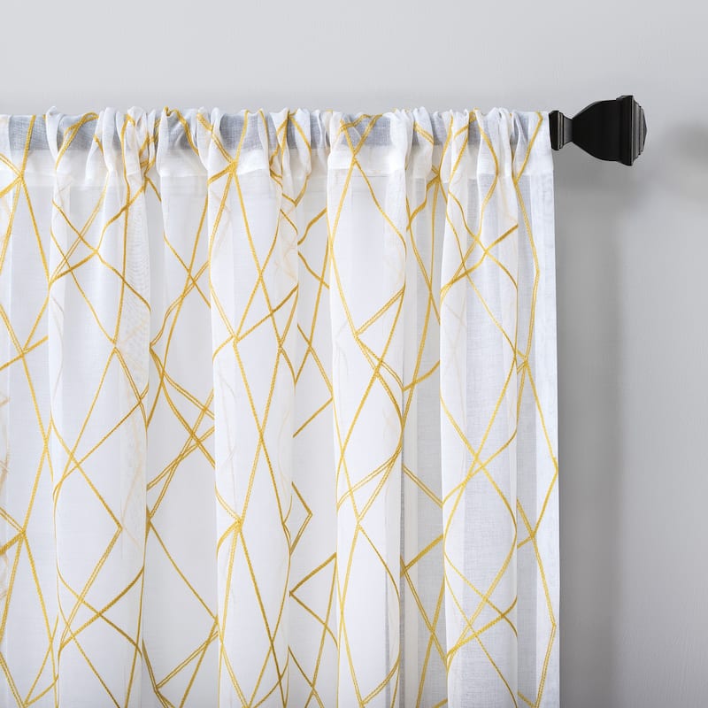 No. 918 Abstract Geometric Embroidery Semi-Sheer Rod Pocket Curtain Panel, Single Panel