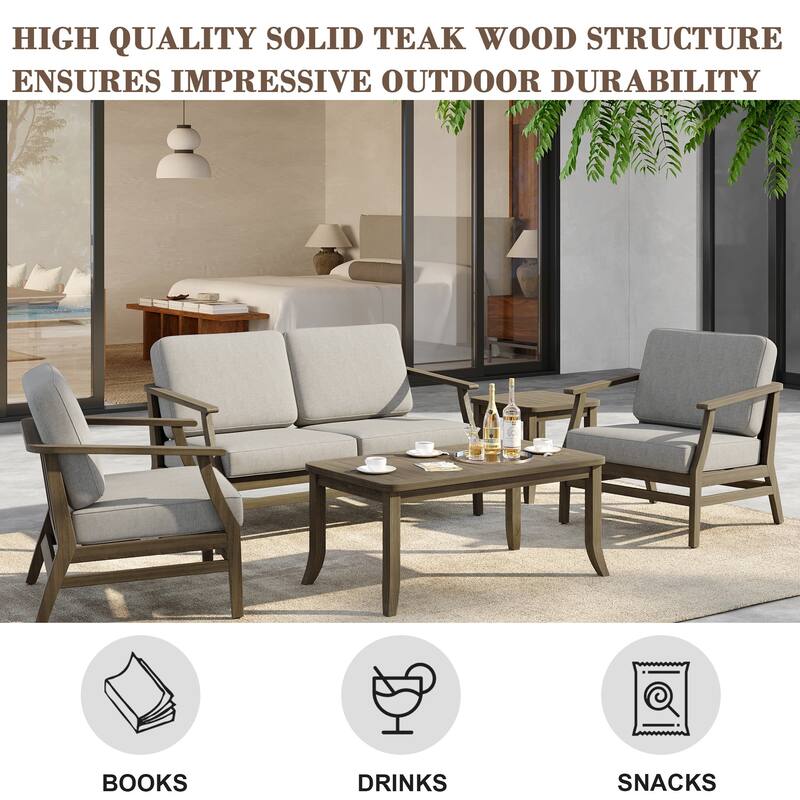 5-Piece Outdoor Teak Wood Patio Conversation Set with Cushions