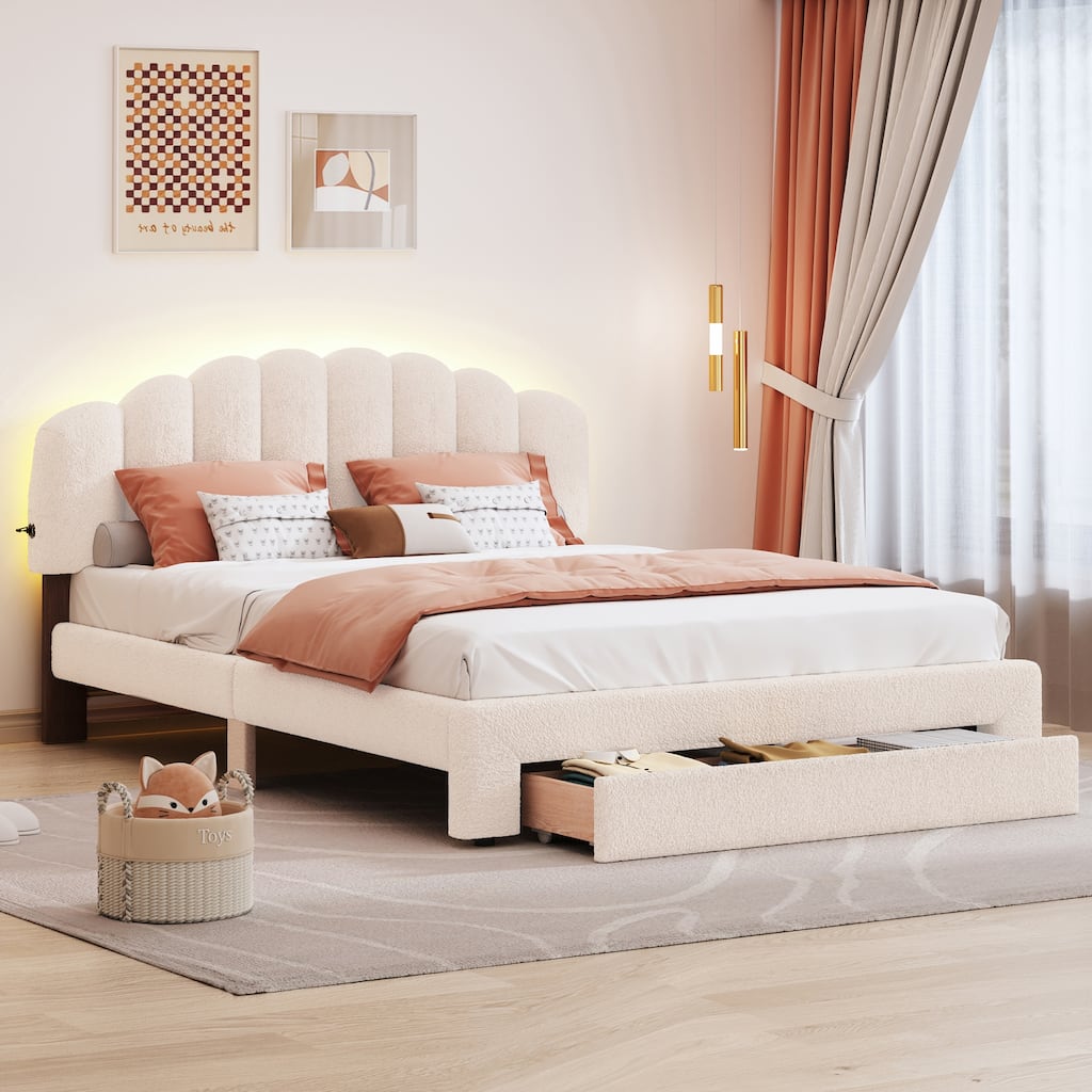 Queen Size Teddy Fleece Upholstered Platform Bed with LED Lights & USB Ports, Beige