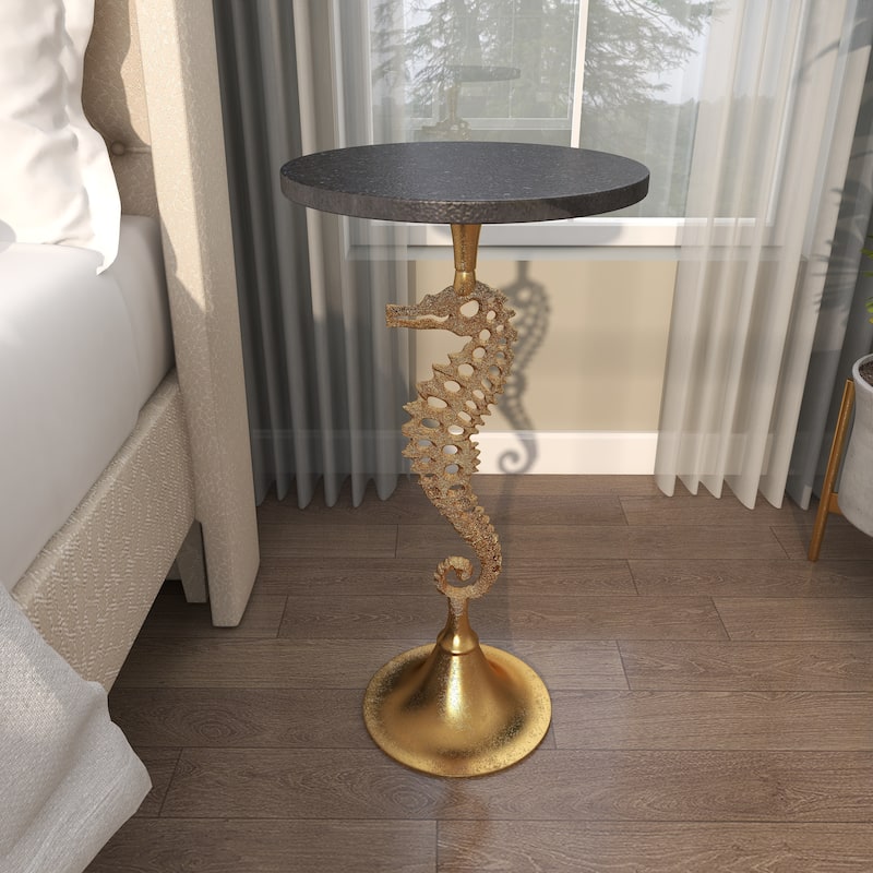 Aluminum Metal Sea Horse Pedestal Side End Accent Table with Tray Top - Silver or Gold - Roche River Decor