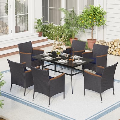MFSTUDIO 7 PCS Patio Dining Set Metal Frame Table with 2.6'' Umbrella Hole & All Weather PE Rattan Cushioned Chairs Set