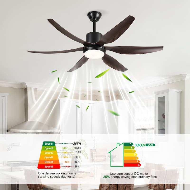 6 PCS ABS Blades 56 Ceiling Fan With Light Kit 3 Color LED Light Source, DC 6 Speed ,Remote Control Ceiling Fan