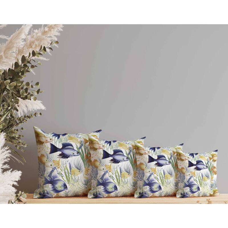 Fish paradise Faux Suede Reversible Throw Pillow Gold and Blue